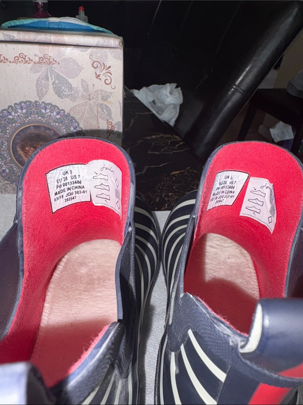 Joules Navy & White Striped Short Rain Boots with Red Lining VGC - Picture 3 of 4